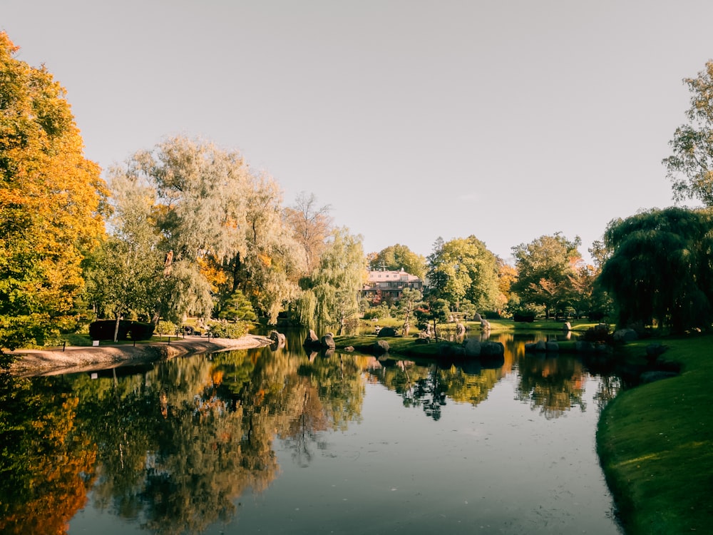 a lake surrounded by trees with a house in the background