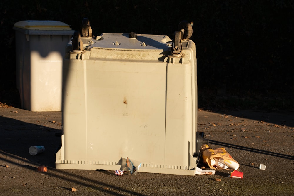 a couple of birds sitting on top of a trash can