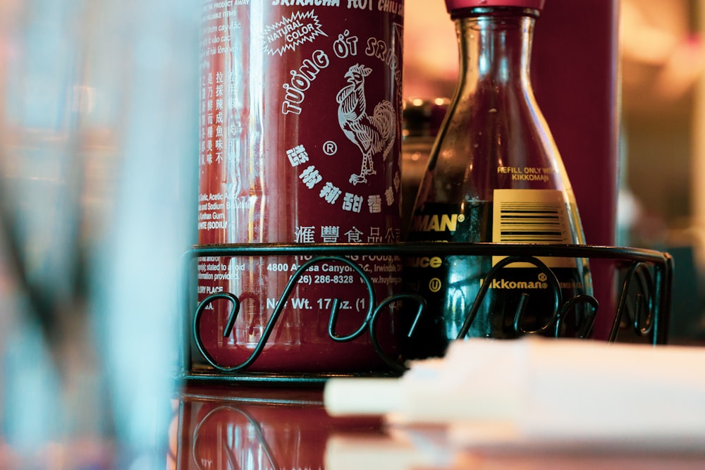 a close up of a bottle of liquor on a table