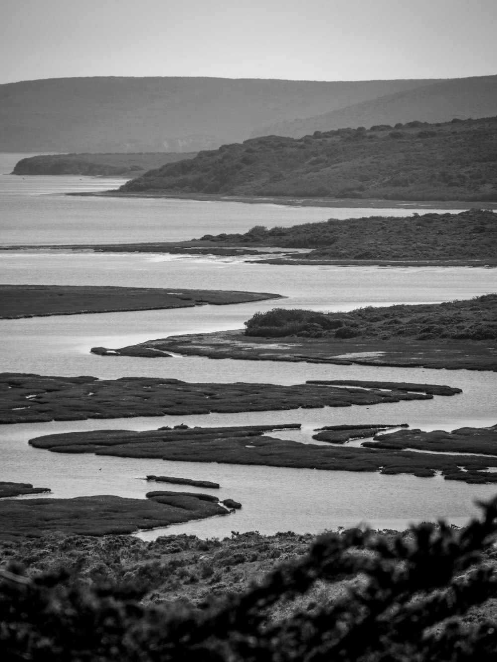 Una foto en blanco y negro de un cuerpo de agua