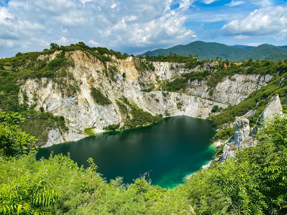 a large lake surrounded by lush green trees