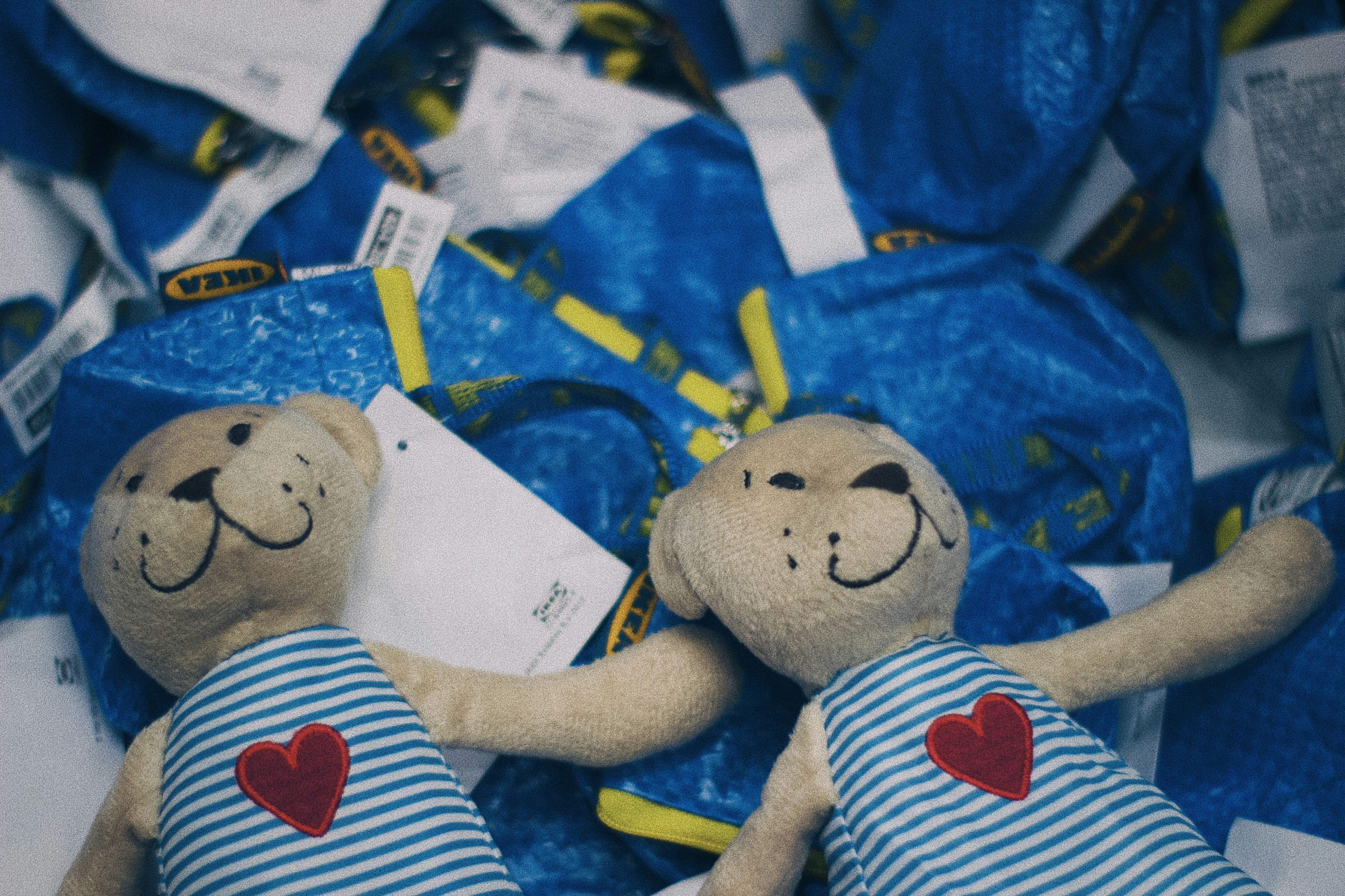 a couple of stuffed animals laying next to each other