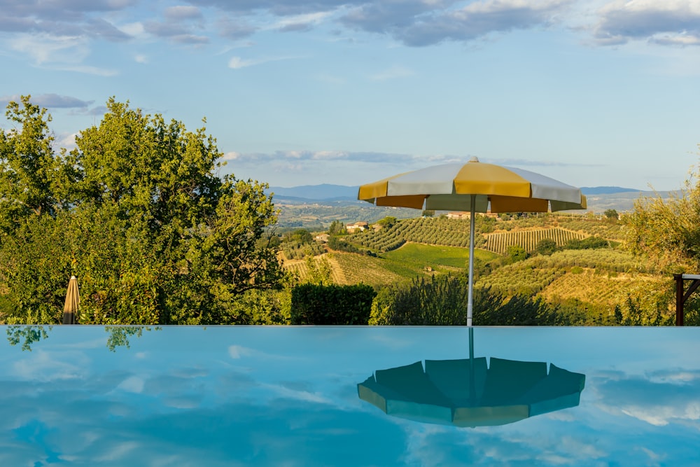 una sombrilla en la parte superior de una piscina junto a una exuberante ladera verde