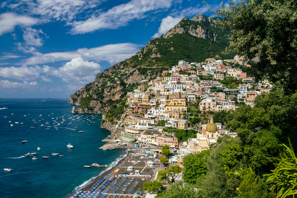 Colourful houses above the beach and sea in Positano on the Amalfi Coast