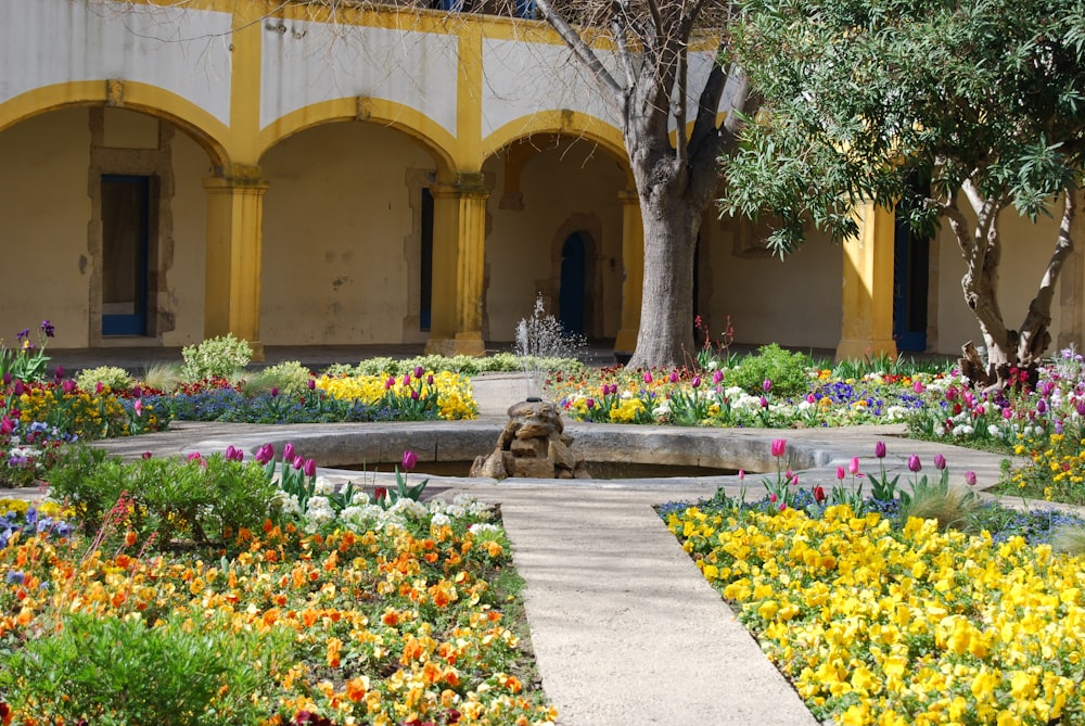 a courtyard with a fountain surrounded by flowers