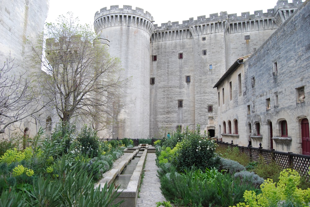 a castle like building with a garden in front of it