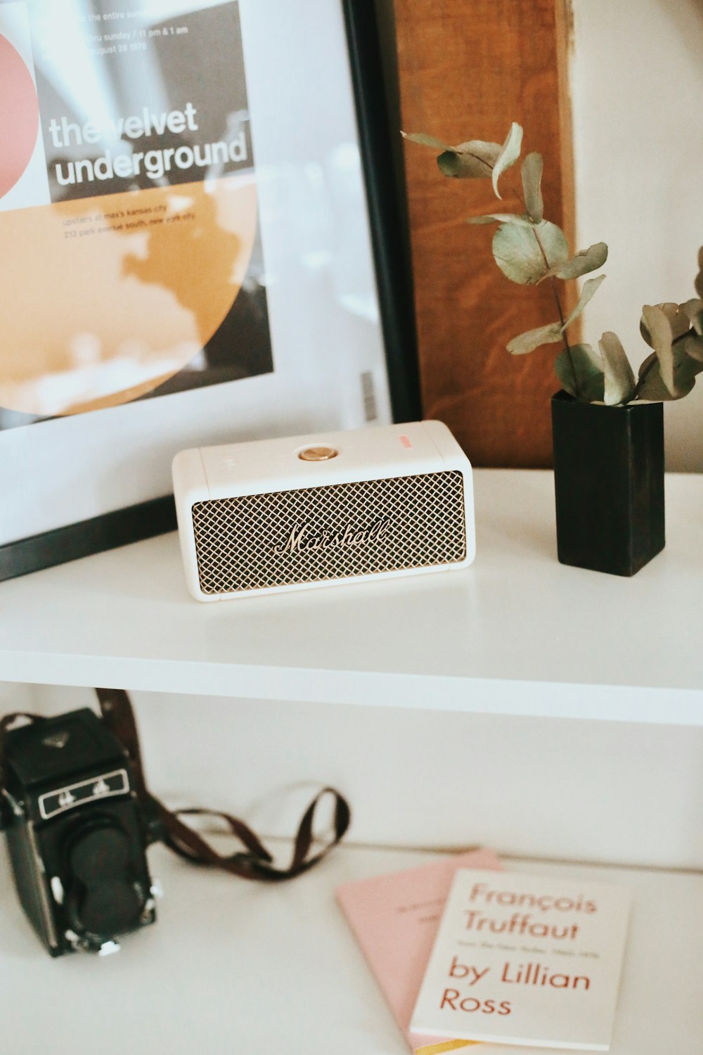 a picture of a camera and a speaker on a shelf