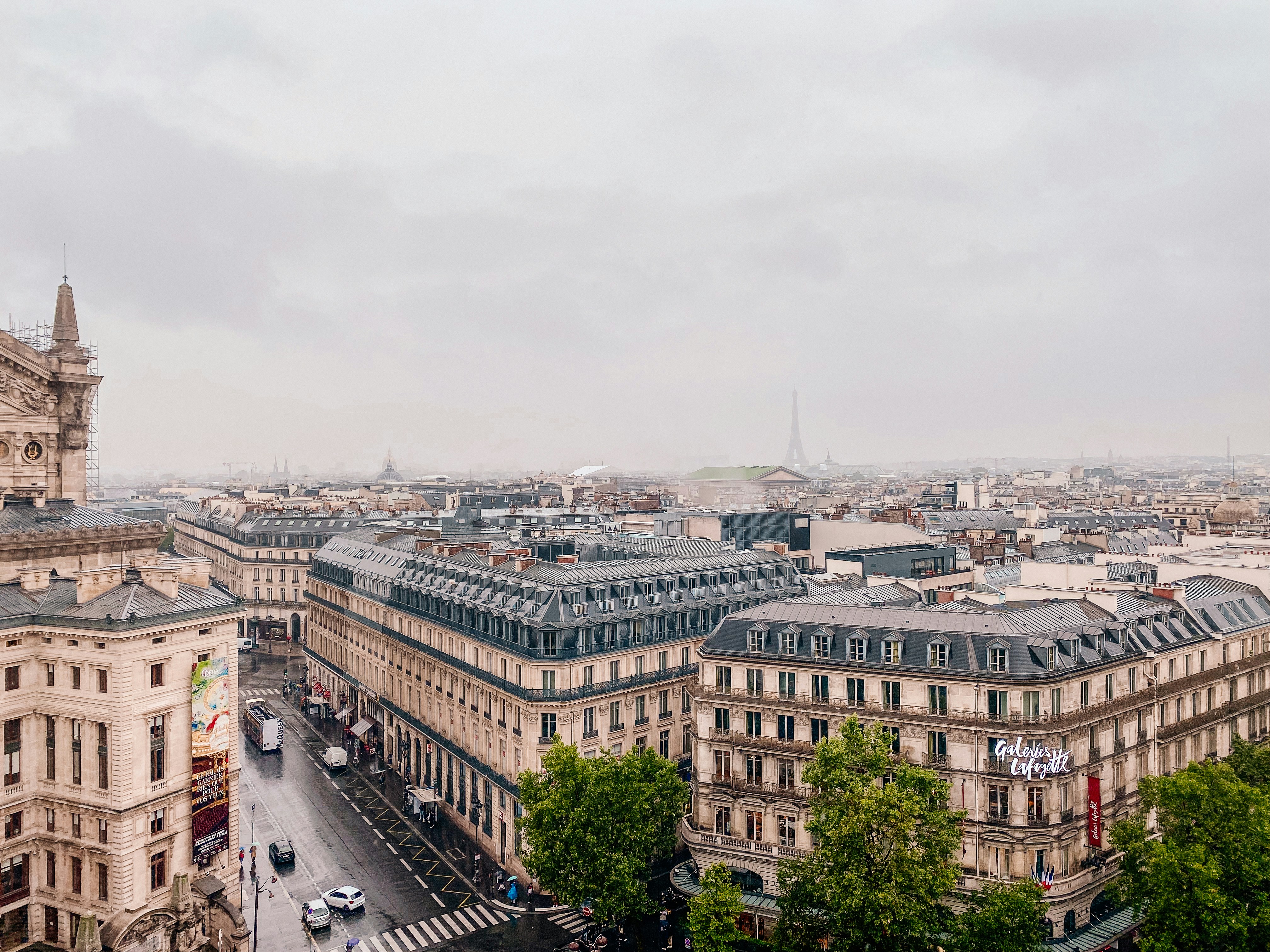 a view of a city from the top of a building, The Rooftop View from Galaries Lafeyette on a Rainy Day in Paris, France