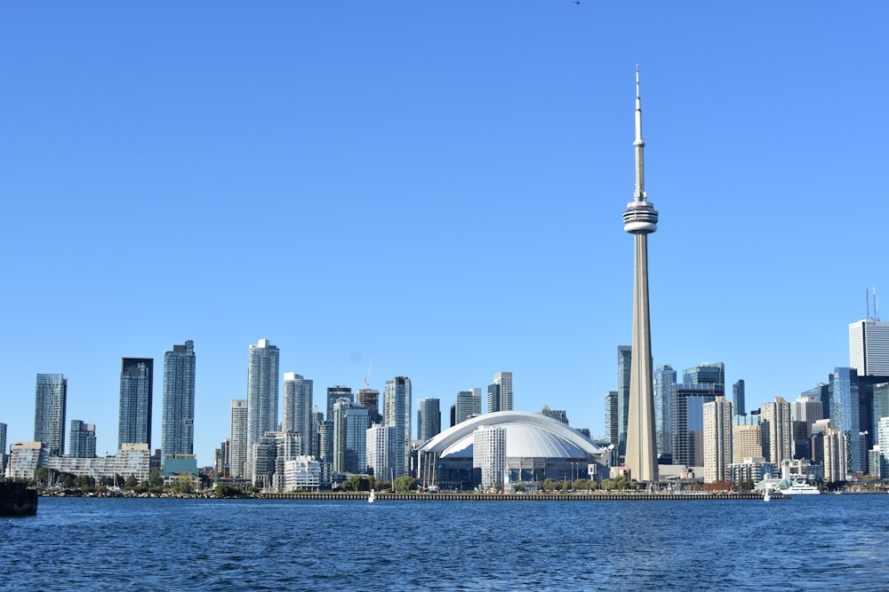 a view of a city skyline from the water