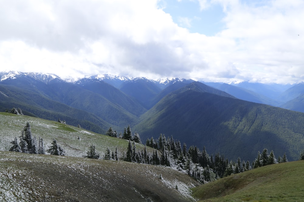 a view of a mountain range with snow on the mountains