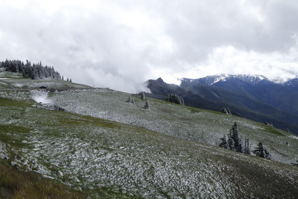 un campo erboso con neve sul terreno e montagne sullo sfondo