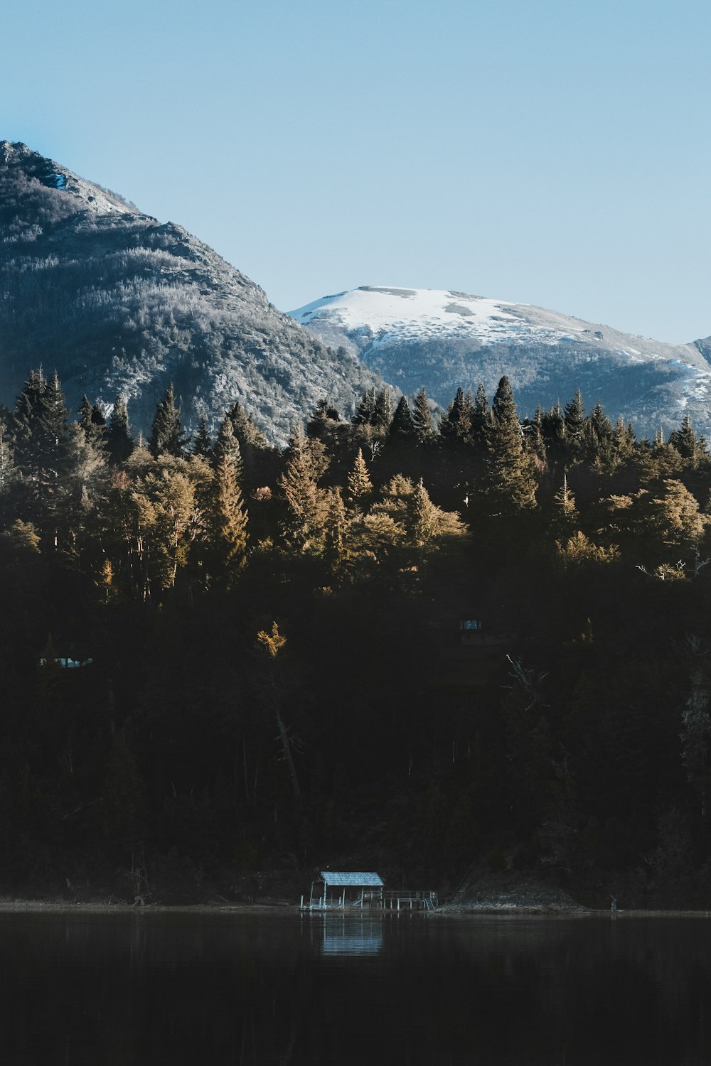 Un lago rodeado de árboles con una montaña al fondo