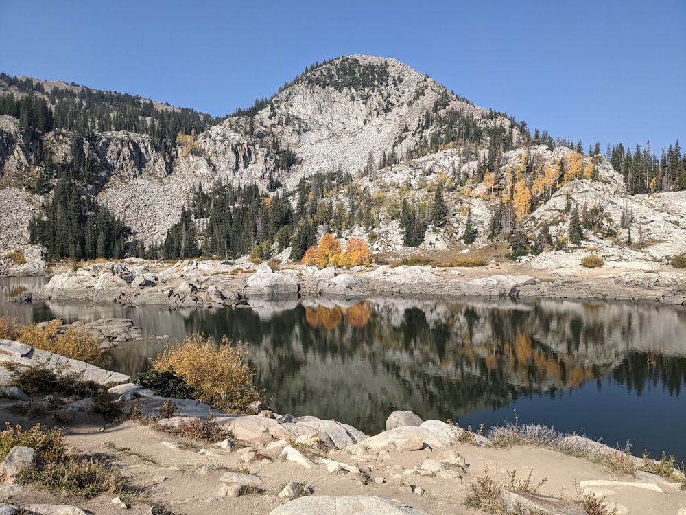 a mountain with a lake surrounded by rocks and trees