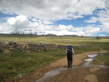 A person with a backpack and walking stick is walking along a muddy path in a rural landscape. The path is bordered by a low stone wall, with vast open fields beyond. Snow-capped mountains are visible in the background under a partly cloudy sky.