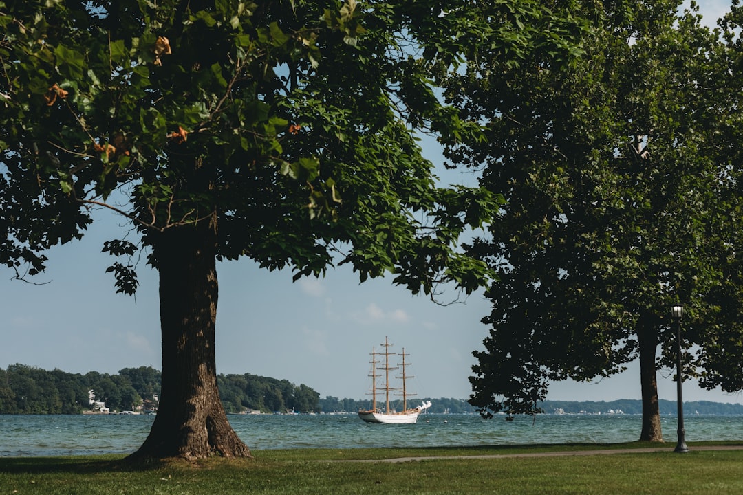 a boat sailing on the water near a tree, Boat on Lake Maxinkuckee
