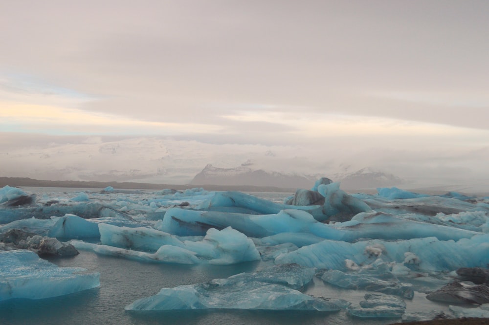 a group of icebergs floating on top of a body of water