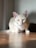 A light-colored cat with green eyes sits on a wooden surface. The cat is wearing a collar with a small bell. Soft lighting creates a serene atmosphere, highlighting the cat's fur and providing a gentle shadow.