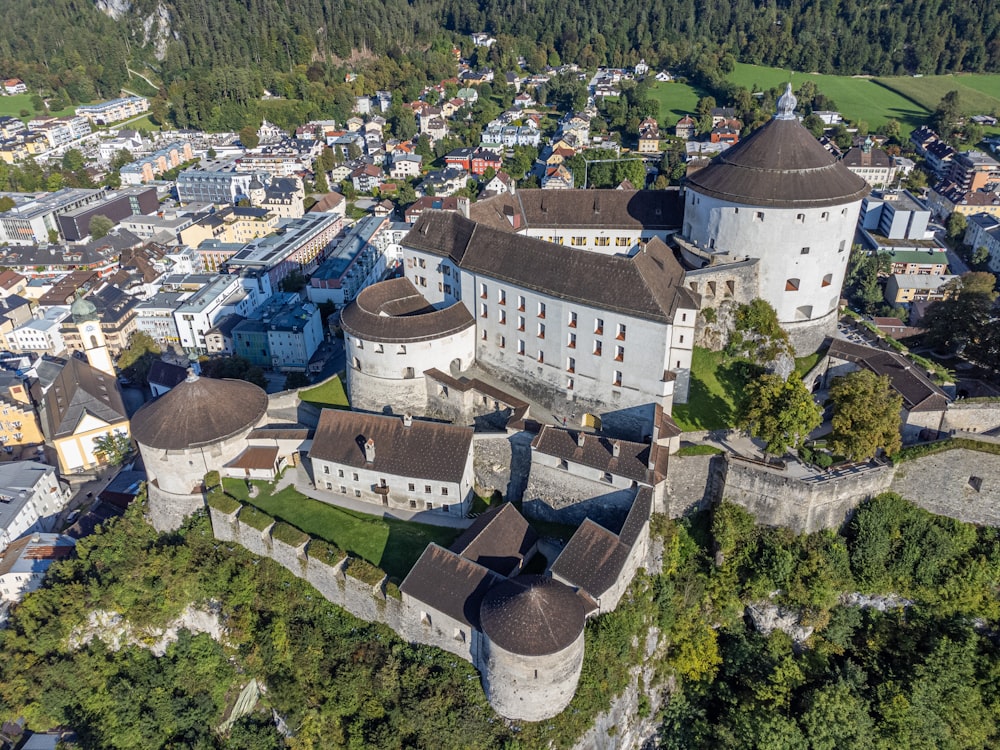 an aerial view of a castle in the middle of a town