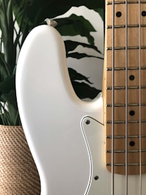A close-up view of a white electric guitar with a wooden fretboard featuring metal strings. The background includes a woven basket and lush green plant leaves, adding a natural touch to the setting.