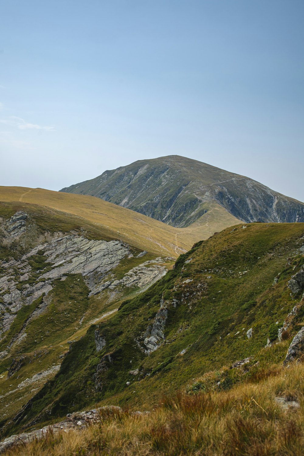 a grassy hill with a mountain in the background