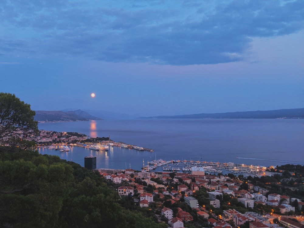 a view of a city and a body of water at night