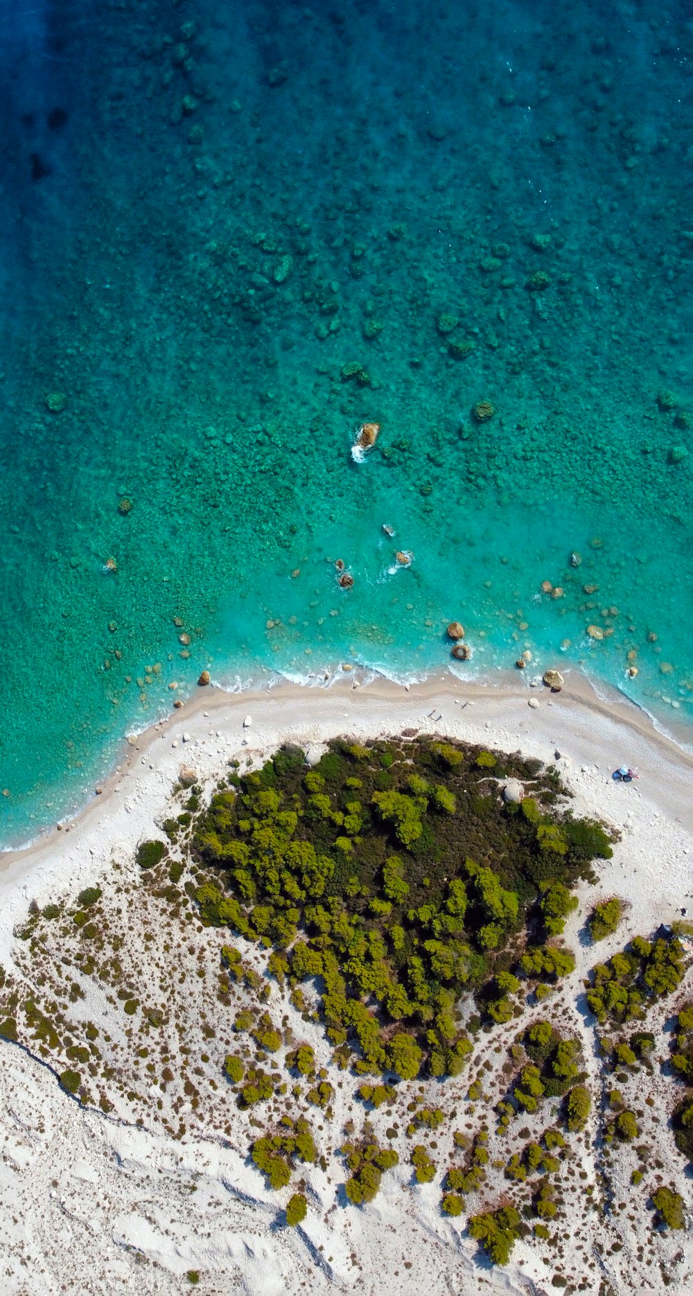 an aerial view of a sandy beach and clear blue water