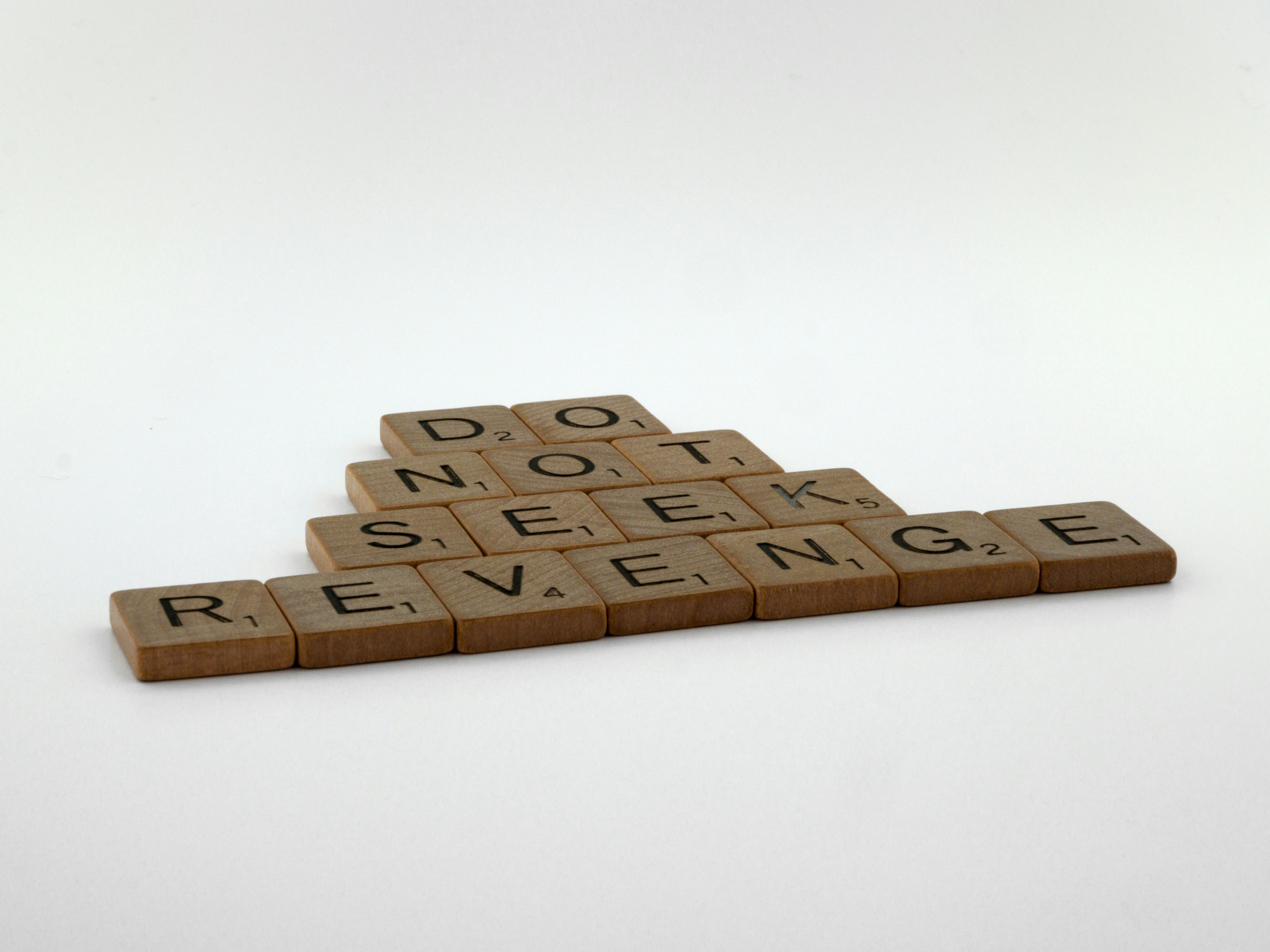 scrabble, scrabble pieces, lettering, letters, wood, scrabble tiles, white background, words, quote, letters, type, typography, design, layout, focus, bokeh, blur, photography, images, image, do not seek revenge, forgive, forgiveness, live and let live, carpe diem, move on, let it go, romans 12,