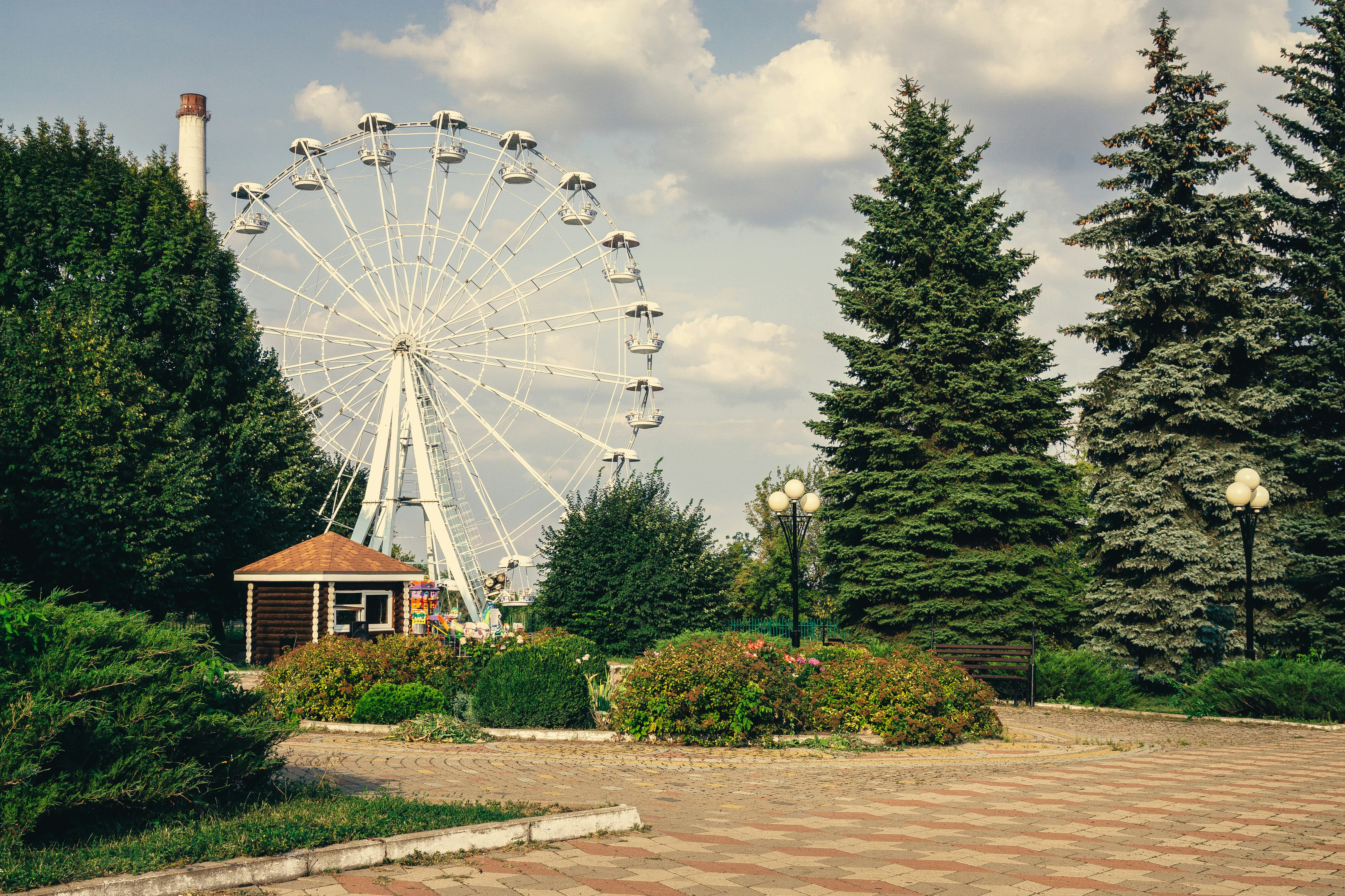 a large ferris wheel sitting next to a forest