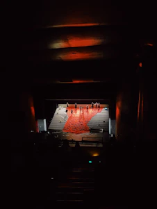 A dramatic theatrical stage with deep shadows, vibrant red accents, and elegant lighting highlighting performers.