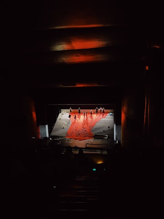 A dark theater setting with a stage illuminated by dramatic lighting. Several people are standing on the stage, with a large red fabric or pattern spread across the stairs. The audience area is dimly lit, emphasizing the focus on the stage.
