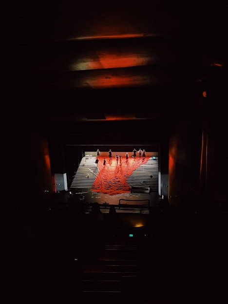 Artistic director passionately directing an underground theater performance with dynamic stage lighting.