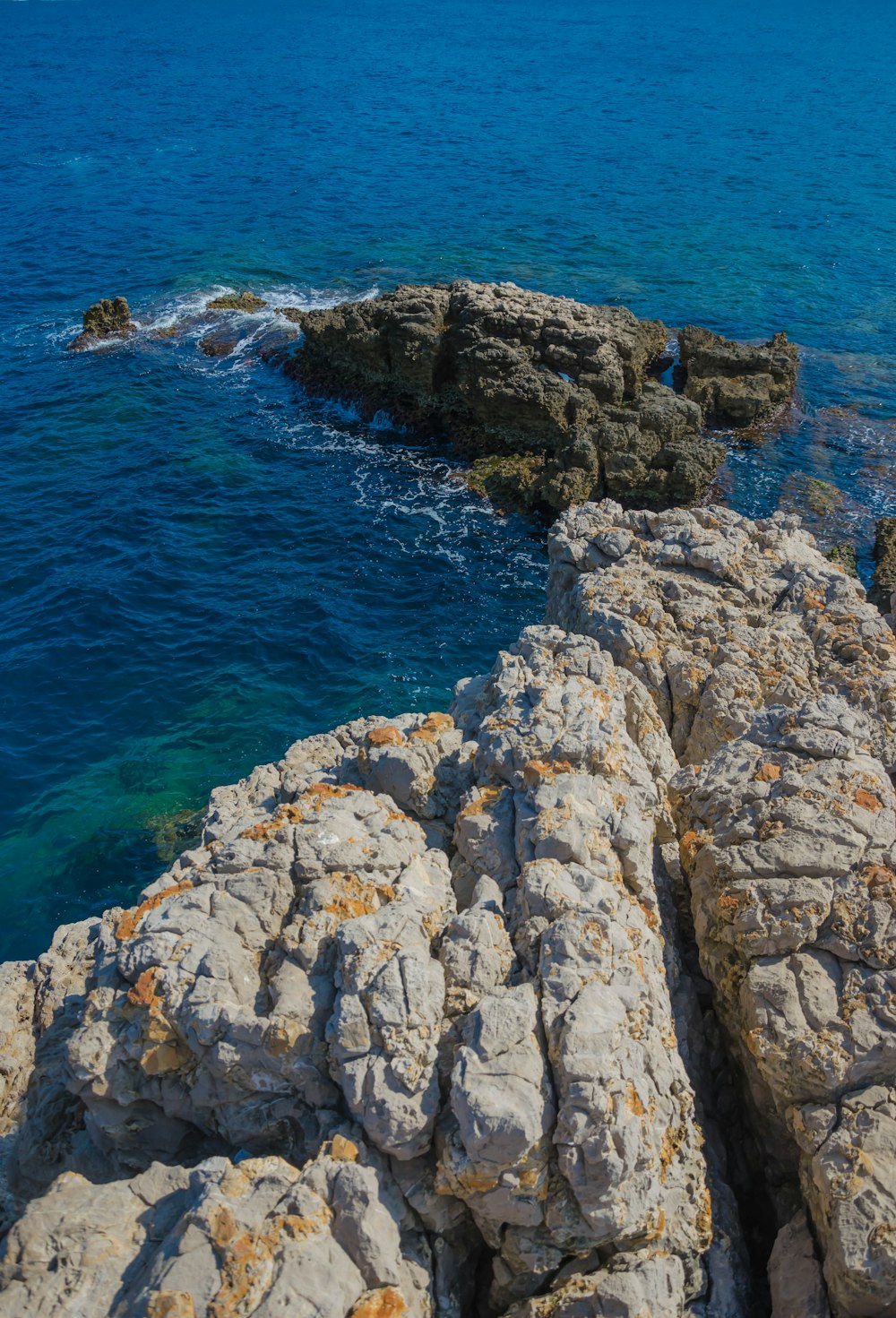 a rocky shore with a body of water in the background