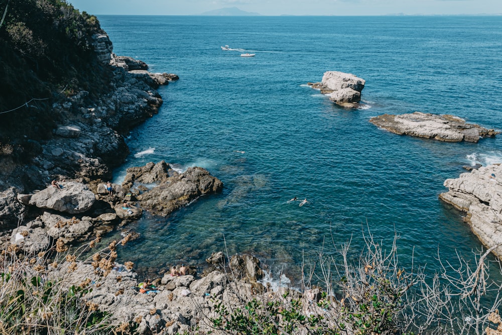 a body of water surrounded by rocks and trees