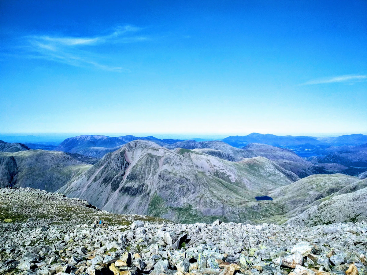Rocky summit with views across the Lake District fells