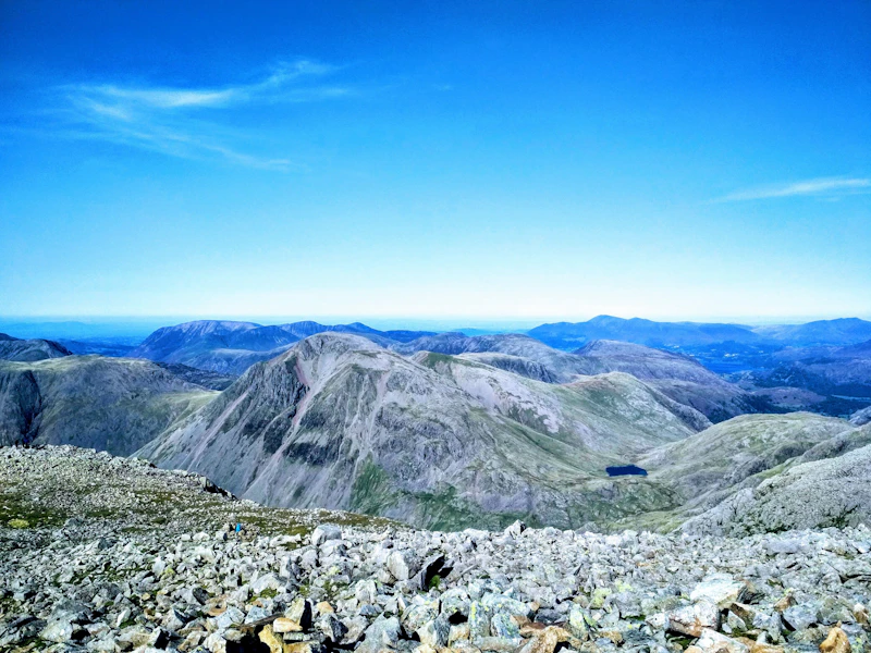 Rocky summit with views across the Lake District fells