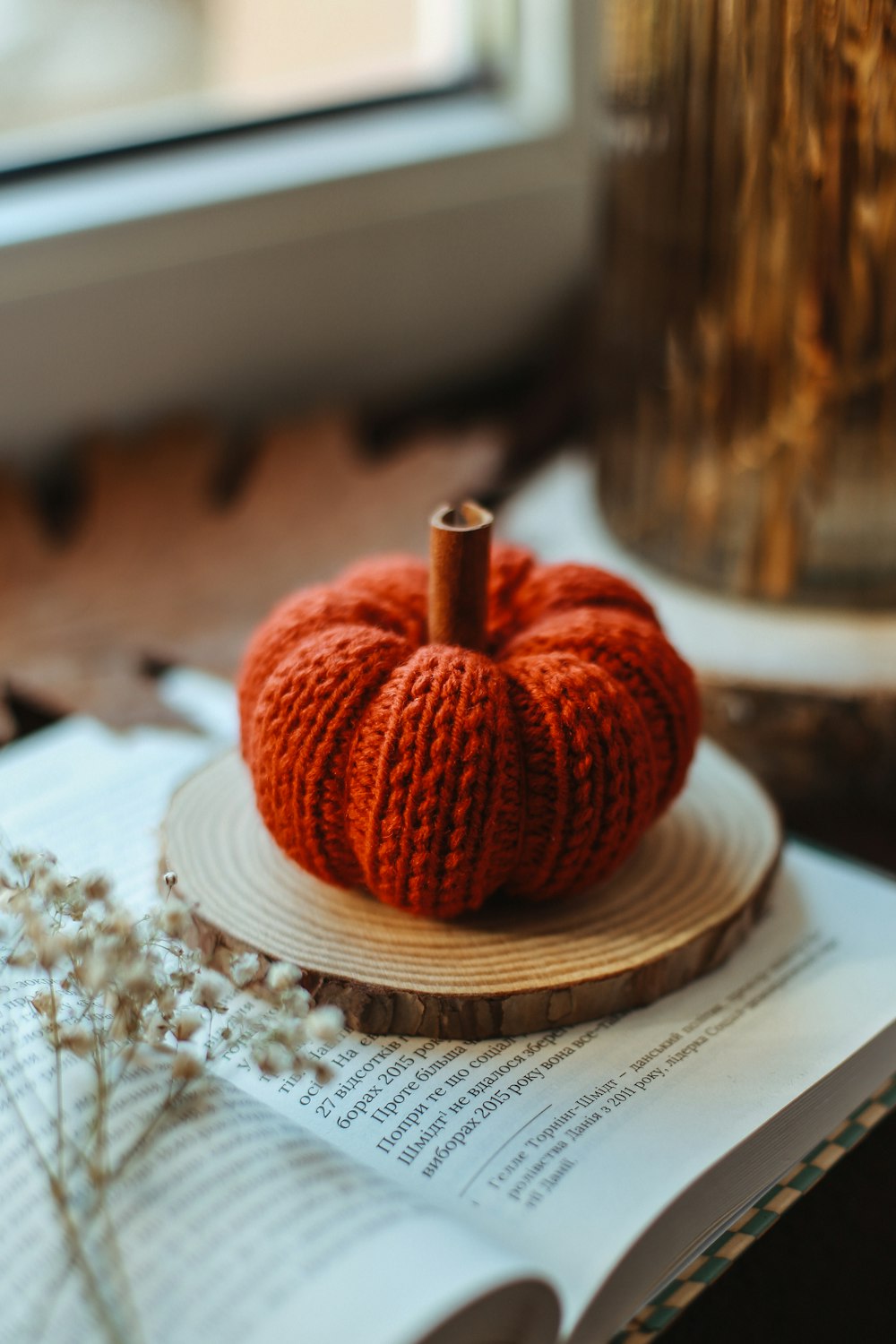 a knitted pumpkin sitting on top of an open book