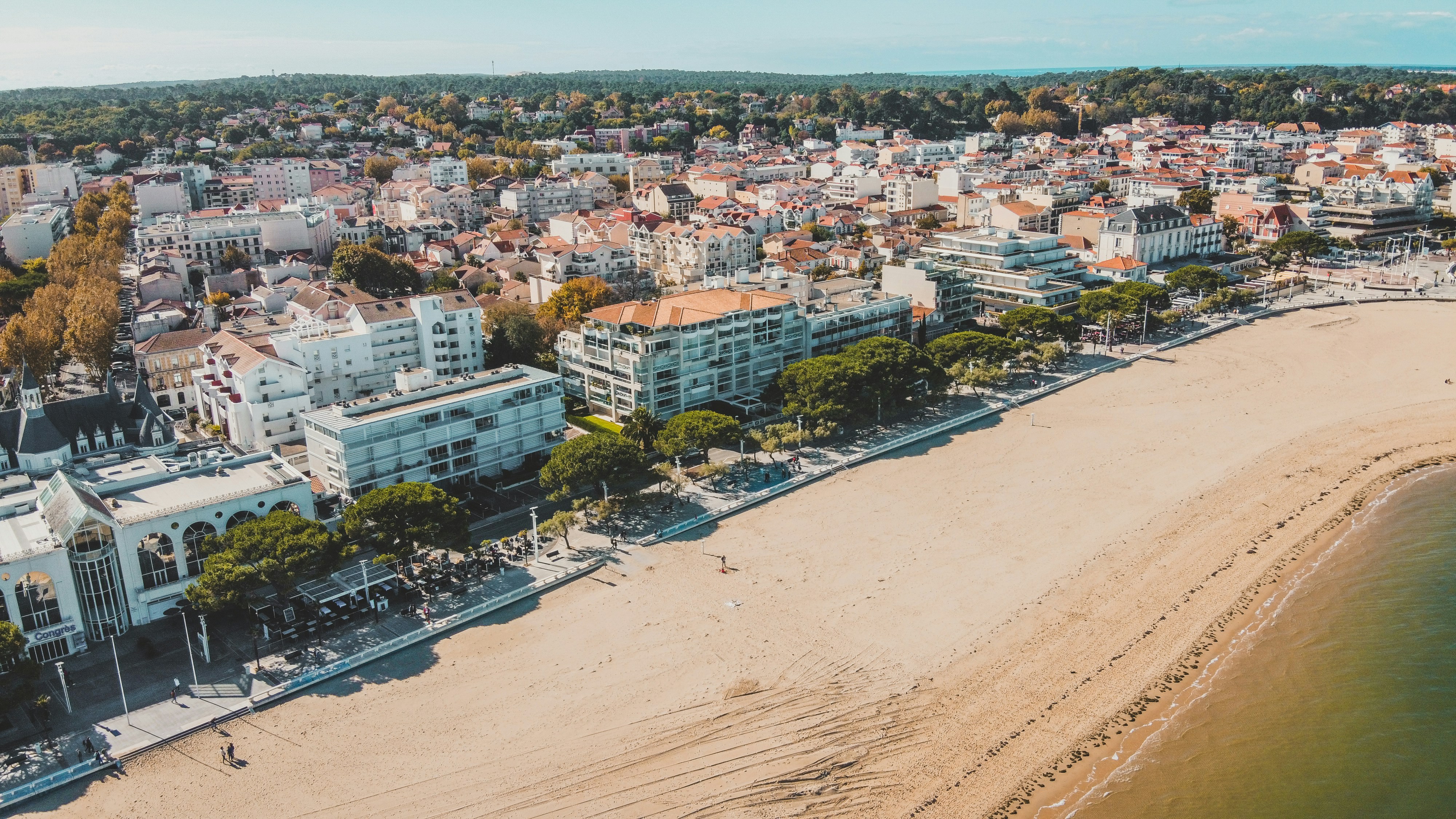 an aerial view of a beach and a city, Arcachon Beach, Aerial Drone photo, 