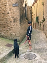 A person wearing sunglasses, a cap, and a tracksuit holds a red leash attached to a black dog. They stand in a narrow, cobblestone alley lined with stone buildings adorned with small windows and potted plants. A sign on the wall reads 'CUIDADO.' The atmosphere appears calm and historical with rustic architecture.