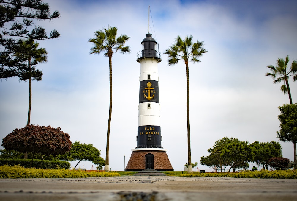 a white and black lighthouse surrounded by palm trees