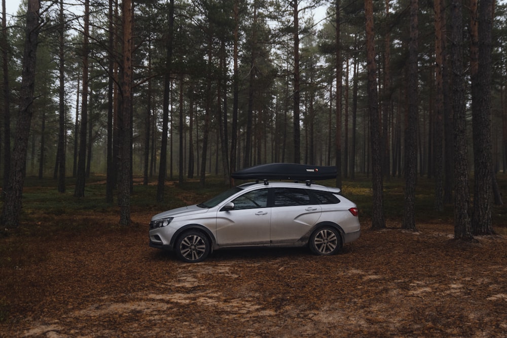 a car parked in the middle of a forest