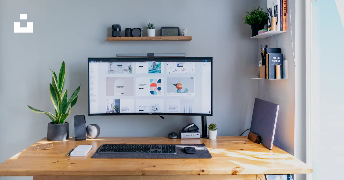 Desk Showing Computer Monitor A computer monitor sitting on top of a wooden desk photo – Free Desk ...
