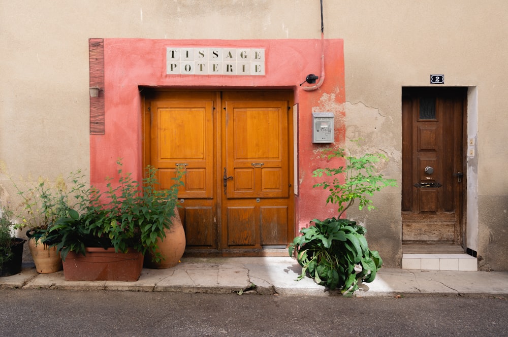 a couple of potted plants sitting outside of a building