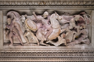 Roman generals negotiating treaties around a wooden table contrasted with fierce battle scenes on a rugged battlefield.