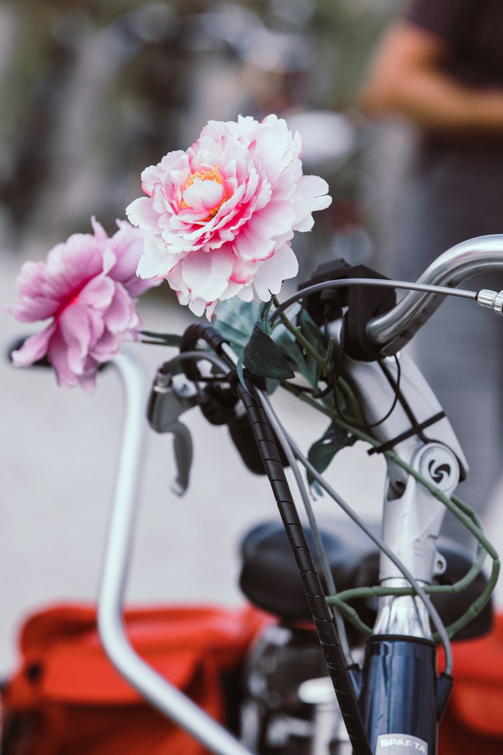 a close up of a bicycle handlebar with a flower on it