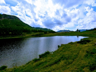 A serene landscape featuring a tranquil lake surrounded by lush greenery.