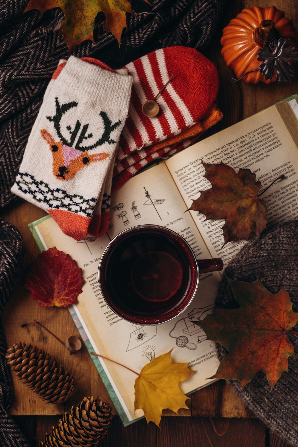 a cup of coffee sitting on top of an open book