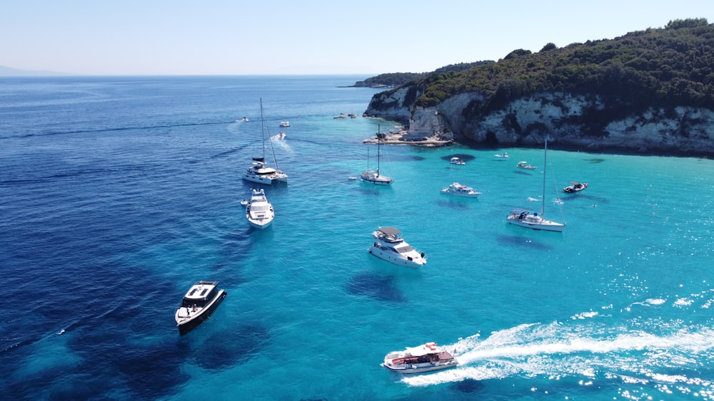 um grupo de barcos flutuando em cima de um corpo de água