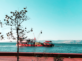 A red industrial vessel navigates through a blue-green body of water with distant hills in the background. In the foreground, a bare-branched tree is silhouetted against the sky, and there is a red pathway or wall.