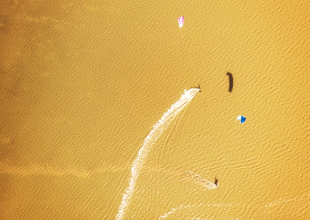 a group of people flying kites on top of a sandy beach