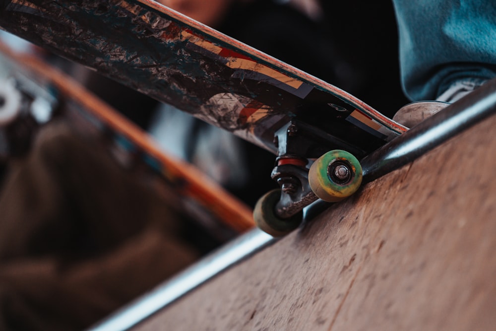 a close up of a skateboard on a skateboard ramp